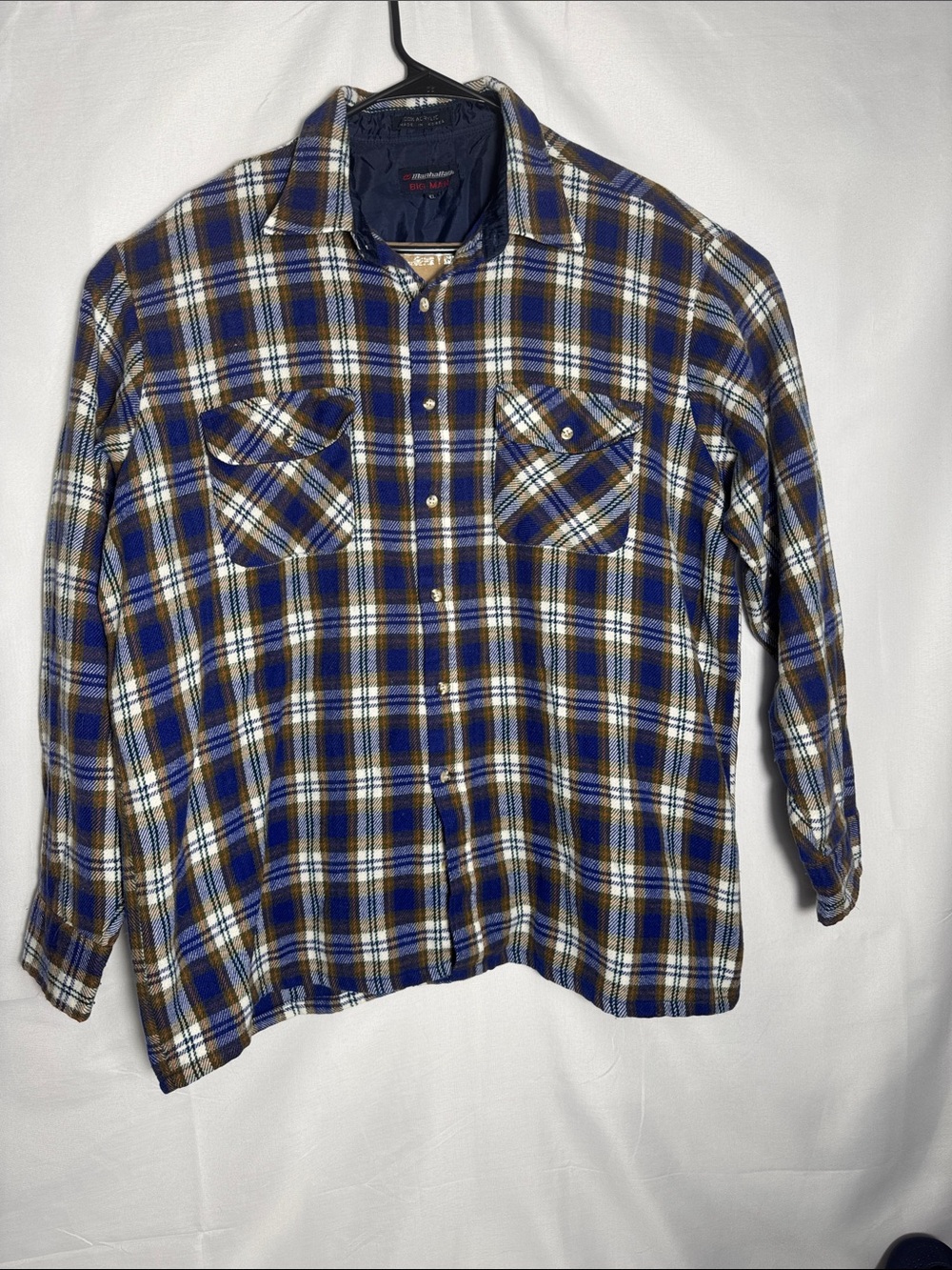 Manhattan Big Man Vintage 1990s Plaid Button-Down Shirt in Blue and Brown XL